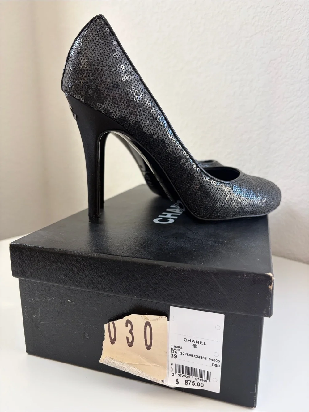 CHANEL Black Sequin Stiletto High Heel Shoes Pump 39 Used Good
